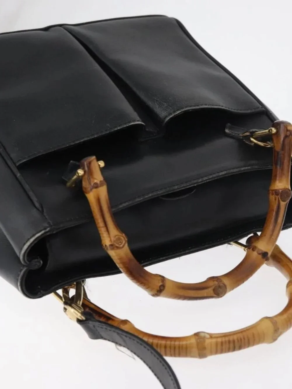 GUCCI Bamboo Hand Bag Leather 2way Black Gold 001 123 1638 Auth 175334